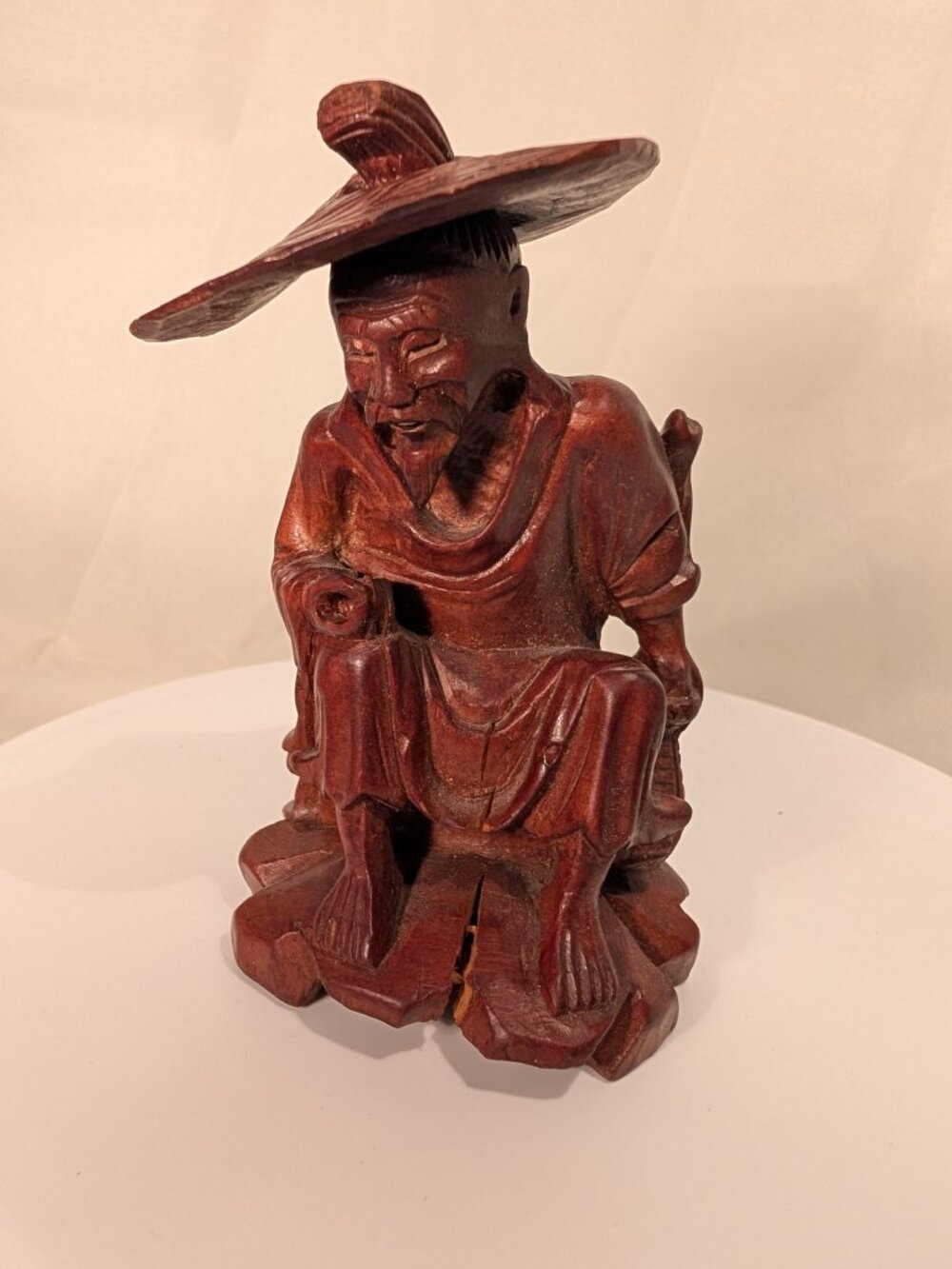 Vintage Chinese Hand-Carved Wood Seated Elderly Man Figure with Removable Hat